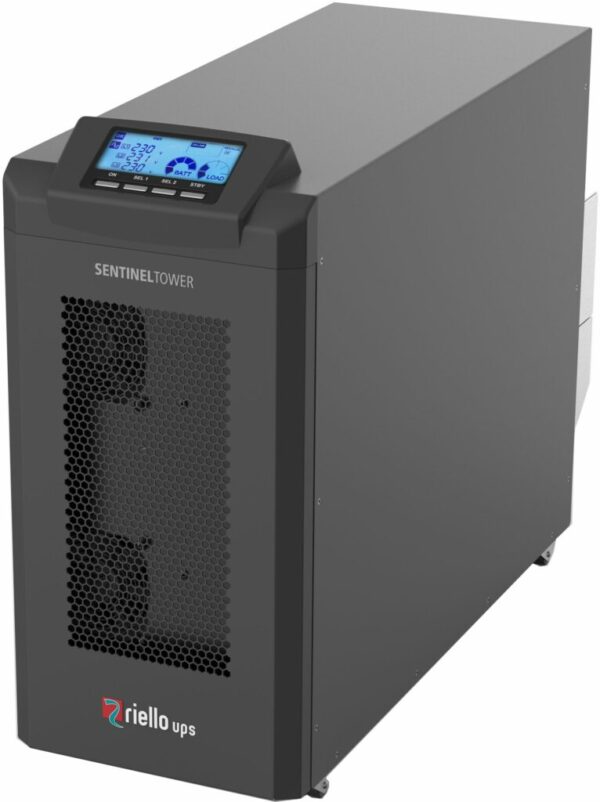 Záložný zdroj Riello UPS Sentinel Tower STW 6000 ER o výkone 6000VA/6000W, bez interných batérií, obsahuje silnú nabíjačku batérií