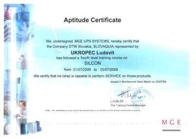 Certifikát MGE Silcon